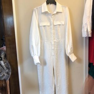 Free People White Button-Front Long Sleeve Utility Jumpsuit